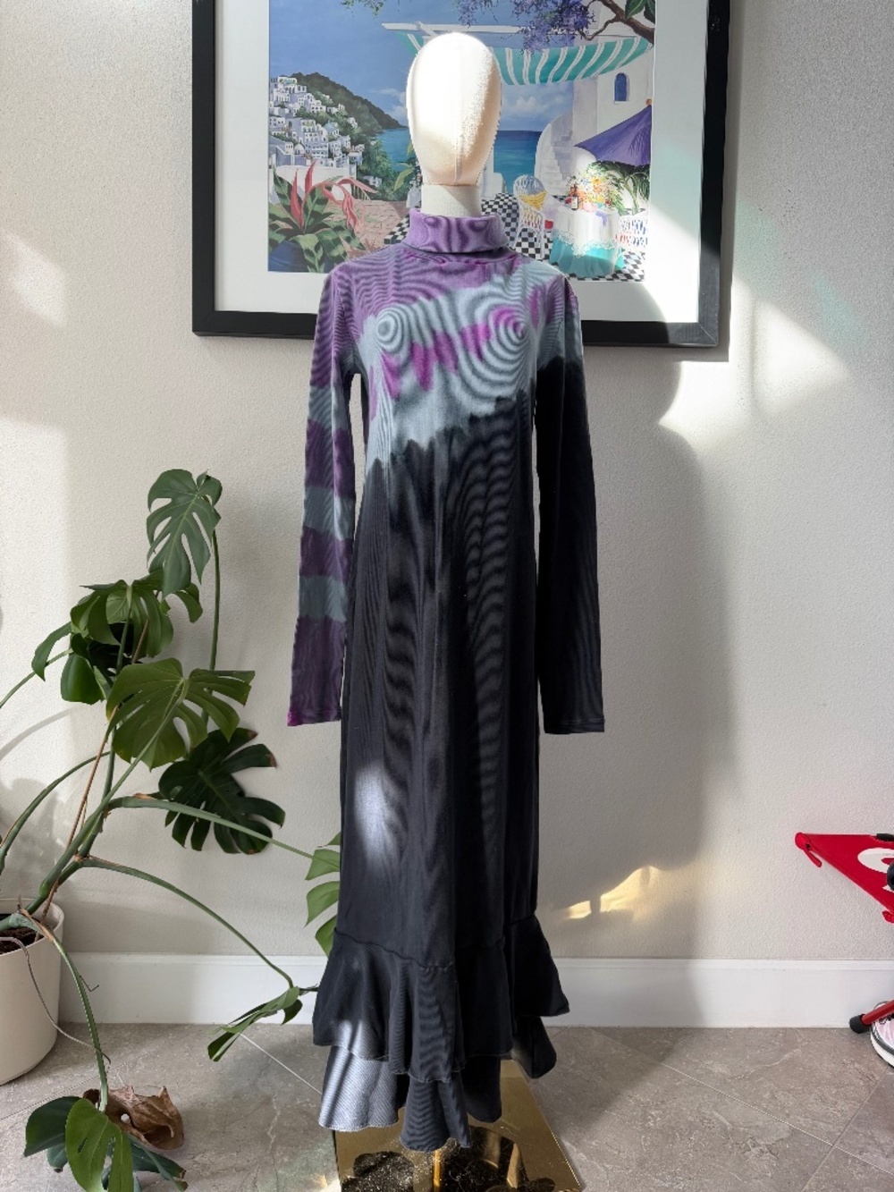 abacaxi NYC Gorgeous Tie Dye Ruffle Hem Turtleneck Maxi Dress Thick Cotton Large